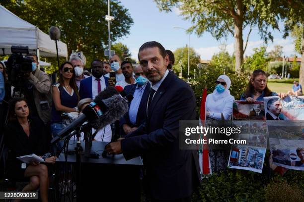 Former Prime Minister Saad Hariri gives a statement to the press outside the Lebanon Tribunal on August 18, 2020 in The Hague, Netherlands. The...