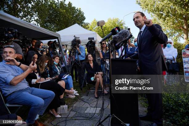 Former Prime Minister Saad Hariri gives a statement to the press outside the Lebanon Tribunal on August 18, 2020 in The Hague, Netherlands. The...