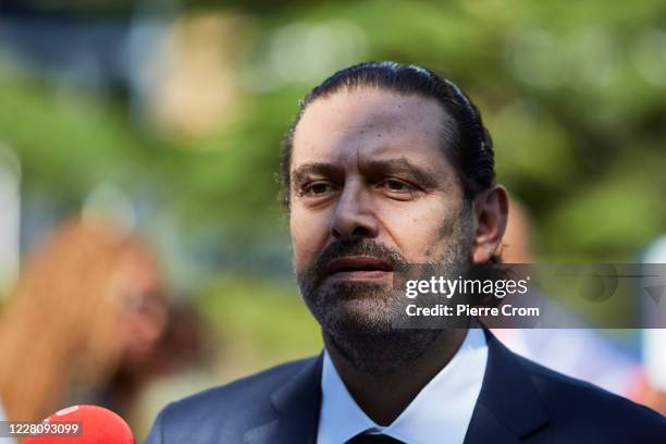 Former Prime Minister Saad Hariri gives a statement to the press outside the Lebanon Tribunal on August 18, 2020 in The Hague, Netherlands. The...