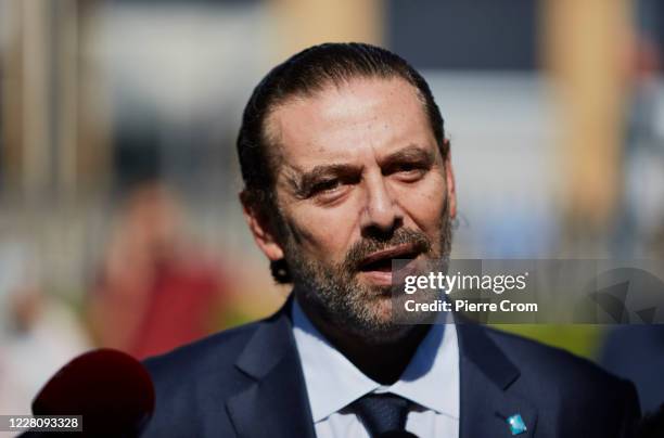 Former Prime Minister Saad Hariri gives a statement to the press outside the Lebanon Tribunal on August 18, 2020 in The Hague, Netherlands. The...