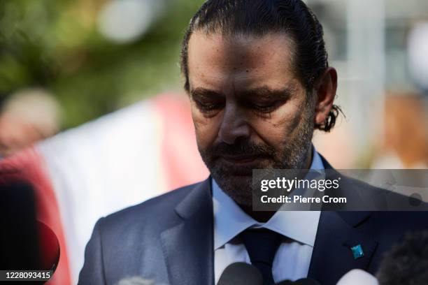 Former Prime Minister Saad Hariri gives a statement to the press outside the Lebanon Tribunal on August 18, 2020 in The Hague, Netherlands. The...