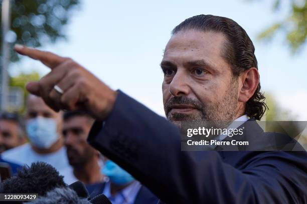 Former Prime Minister Saad Hariri gives a statement to the press outside the Lebanon Tribunal on August 18, 2020 in The Hague, Netherlands. The...