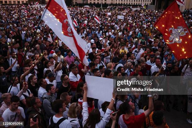 Demonstrators participate in an anti-Lukashenko rally on August 18, 2020 in Minsk, Belarus. There have been near daily demonstrations in Belarus...