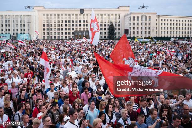 Demonstrators participate in an anti-Lukashenko rally on August 18, 2020 in Minsk, Belarus. There have been near daily demonstrations in Belarus...