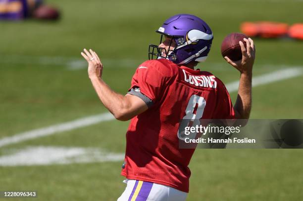 Quarterback Kirk Cousins of the Minnesota Vikings passes the ball during training camp on August 18, 2020 at TCO Performance Center in Eagan,...