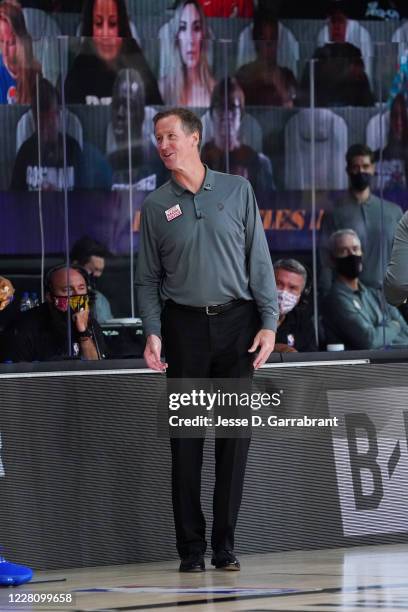 Head Coach Terry Stotts of the Portland Trail Blazers smiles during a game against the Los Angeles Lakers during Round One, Game One of the NBA...