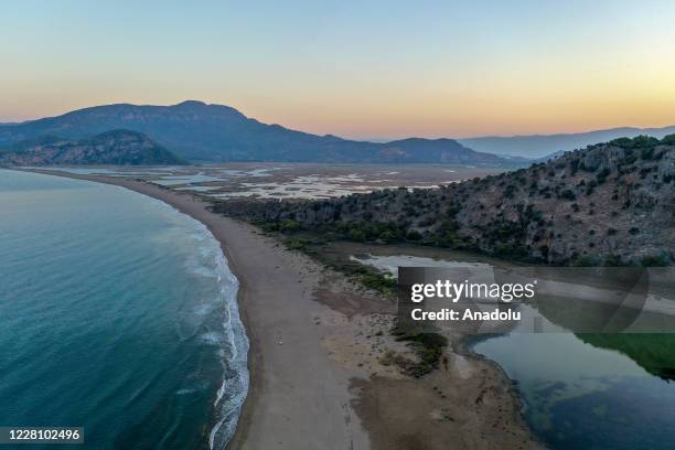 Drone photo shows Iztuzu beach which has many caretta caretta nests in Mugla, Turkey on August 17, 2020. Wounded sea turtles are treated at the Sea...