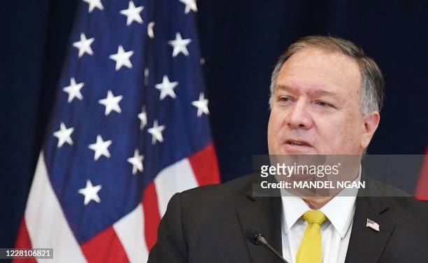 Secretary of State Michael Pompeo speaks during a press conference with Iraq's Foreign Minister Fuad Hussein at the State Department in Washington,...