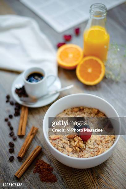 Still life of breakfast muesli, coffee and orange juice, taken on May 16, 2019.