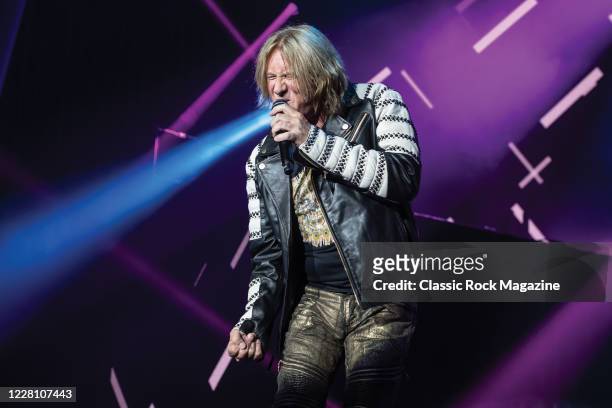 Vocalist Joe Elliott of English hard rock group Def Leppard performing live on stage at Zappos Theater in Las Vegas, on August 15, 2019.
