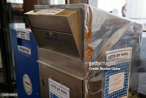 Ballot box inside Boston City Hall is available for residents to drop off their mail in ballots on Aug. 18, 2020.