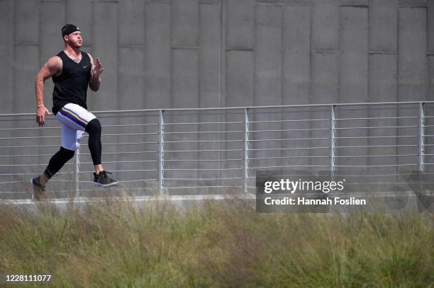 Tight end Kyle Rudolph of the Minnesota Vikings runs up a ramp during training camp on August 19, 2020 at TCO Performance Center in Eagan, Minnesota.