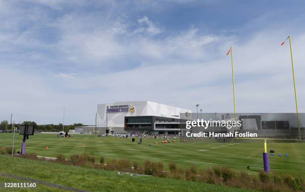 The Minnesota Vikings stretch during training camp on August 19, 2020 at TCO Performance Center in Eagan, Minnesota.