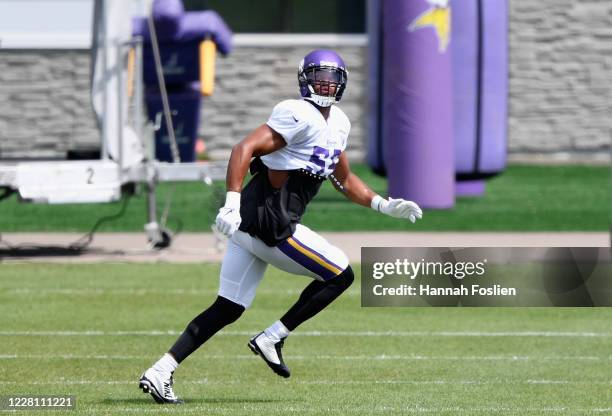 Anthony Barr of the Minnesota Vikings runs a drill during training camp on August 19, 2020 at TCO Performance Center in Eagan, Minnesota.