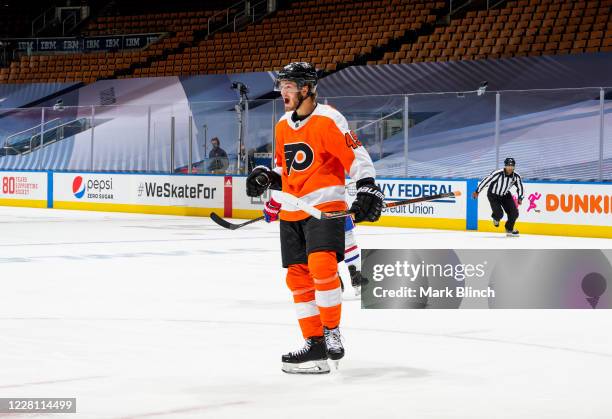 Joel Farabee of the Philadelphia Flyers celebrates his goal against the Montreal Canadiens during the third period in Game Five of the Eastern...