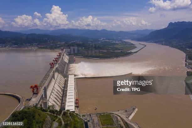 Three Gorges Dam discharges flood on 19th August, 2020 in Zigui,Hubei,China