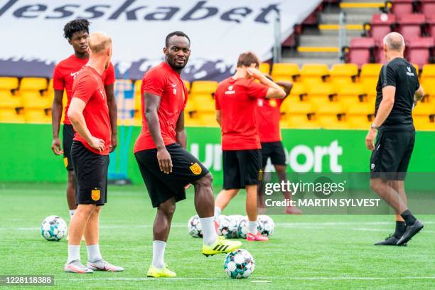 Ghanaian midfielder and former Chelsea player Michael Essien takes part in a training session with Denmark's football club FC Nordsjaelland in Farum...