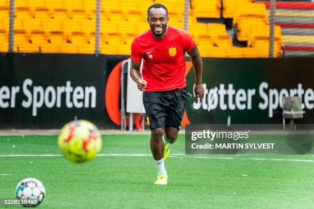 Ghanaian midfielder and former Chelsea player Michael Essien takes part in a training session with Denmark's football club FC Nordsjaelland in Farum...