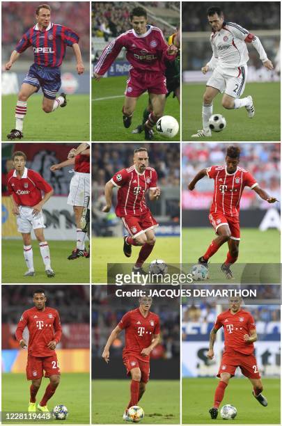 This combination of file photographs created on August 20 shows Bayern Munich's French players: Jean-Pierre Papin during the first round final of the...