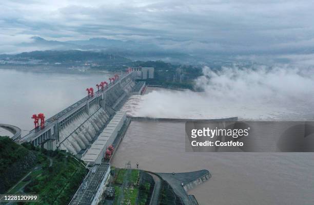 The Three Gorges Dam of the Yangtze River has opened a deep hole for flood discharge. Yichang City, Hubei Province, China, August 20, 2020. -