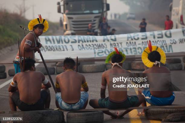 Members of the Kayapo indigenous block highway BR163 during a protest in the outskirts of Novo Progresso in Para State, Brazil, on August 20, 2020...