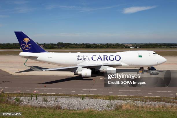 Saudi Arabian Airlines Cargo Boeing 747-400 freighter parked at Liege Bierset airport.