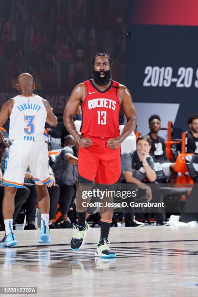 Orlando, FL James Harden of the Houston Rockets reacts to a play during the game against the Oklahoma City Thunder during Round One, Game Two of the...