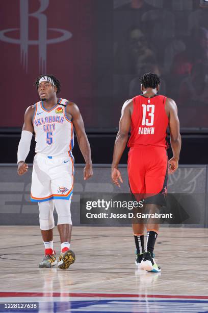 Orlando, FL Luguentz Dort of the Oklahoma City Thunder and James Harden of the Houston Rockets look on during Round One, Game Two of the NBA Playoffs...