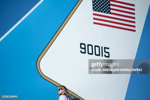 Counselor to the US president Hope Hicks boards Air Force One at Wilkes-Barre Scranton International Airport August 20 in Avoca, Pennsylvania.