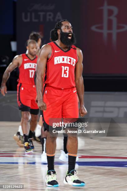 Orlando, FL James Harden of the Houston Rockets reacts to a play during the game against the Oklahoma City Thunder during Round One, Game Two of the...