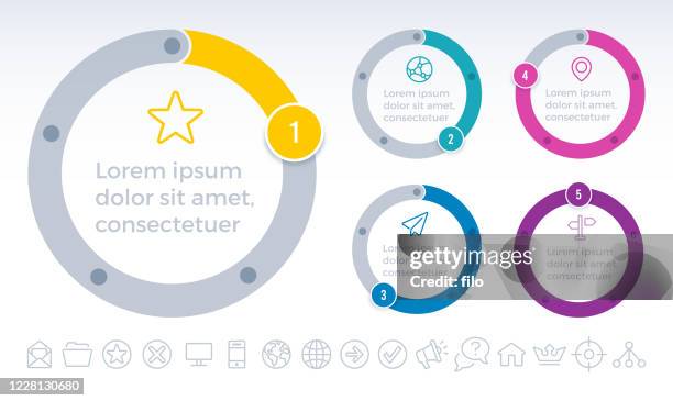 ilustraciones, imágenes clip art, dibujos animados e iconos de stock de círculos infográficos de procesos redondos de cinco pasos - final round