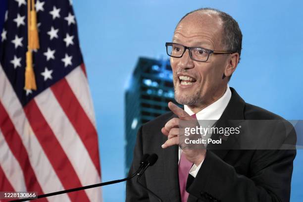 Democratic National Committee Chairman Tom Perez speaks during the virtual Democratic National Convention at the Wisconsin Center on August 20, 2020...