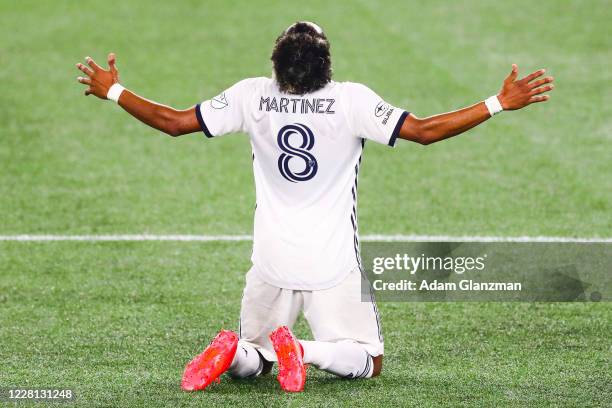 Jose Andres Martinez of Philadelphia Union reacts after a tie to New England Revolution at Gillette Stadium on August 20, 2020 in Foxborough,...