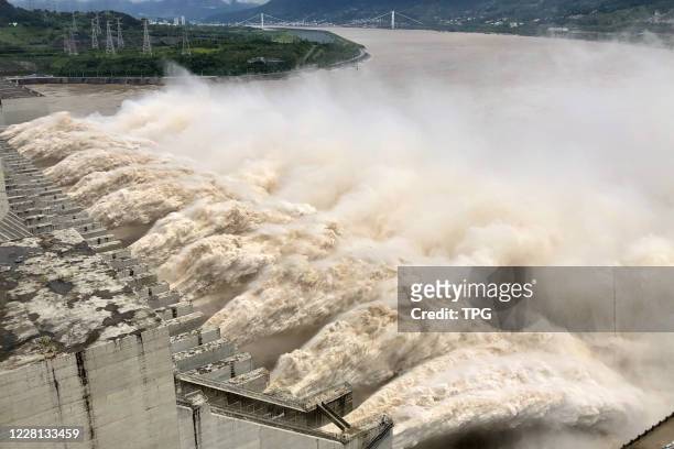 The maximum flood peak comes through the reservoir of the three gorges on 20th August, 2020 in Yichang,Hubei,China