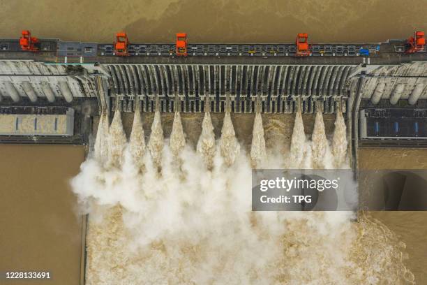 The maximum flood peak comes through the reservoir of the three gorges on 20th August, 2020 in Yichang,Hubei,China
