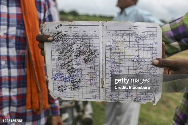 Man holds a ration card for a photograph outside state-run distribution store in a village in Tikamgarh district, Madhya Pradesh, India, on Friday,...