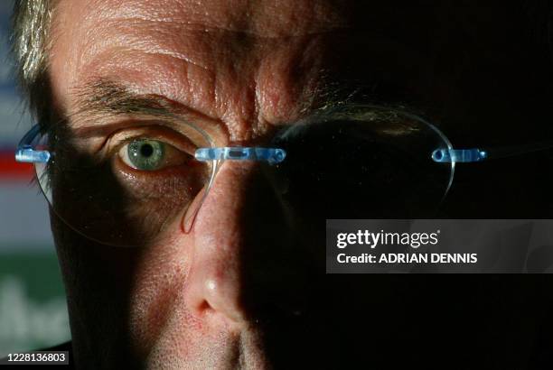 England's Swedish Manager Sven Goran Eriksson answers a question during a press conference shortly after the squad arrived in Faro 17 February 2004....