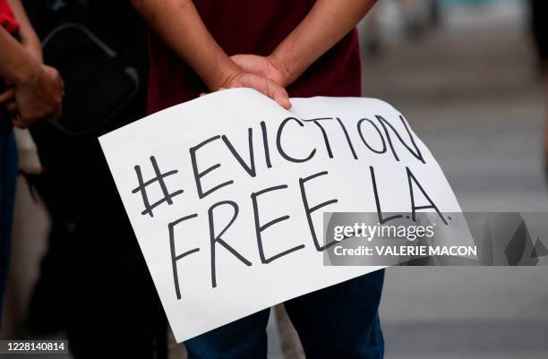 Renters and housing advocates attend a protest to cancel rent and avoid evictions amid Coronavirus pandemic on August 21 in Los Angeles, California.