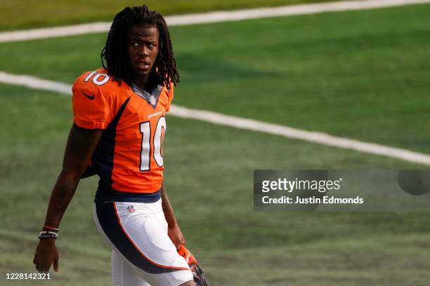 Wide receiver Jerry Jeudy of the Denver Broncos walks on the field during a training session at UCHealth Training Center on August 21, 2020 in...