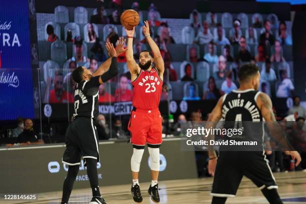 Orlando, FL Fred VanVleet of the Toronto Raptors shoots the ball during the game against the Brooklyn Nets during Round One, Game Three of the NBA...