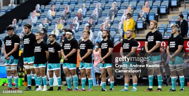 Worcester Warriors players take to the pitch wearing t-shirts displaying the Rugby Against Racism" logo during the Gallagher Premiership Rugby match...