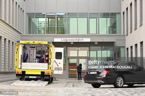 German army ambulance which transported Russian opposition figure Alexei Navalny is seen on August 22, 2020 outside Berlin's Charite hospital, where...