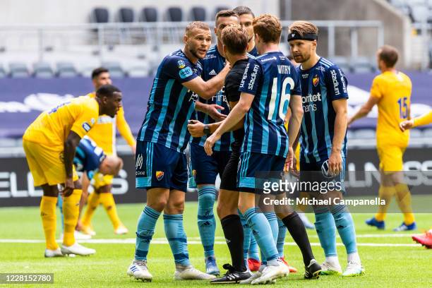 Djurgardens Jesper Karlstrom argues with referee Kristoffer Karlsson after he awards a penalty to IFK Goteborg during the Allsvenskan match between...