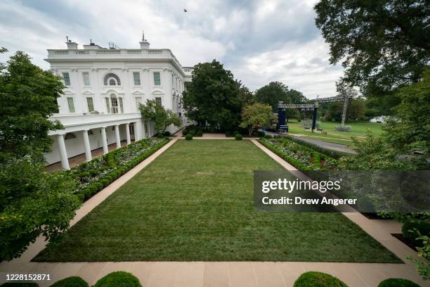 View of the recently renovated Rose Garden at the White House on August 22, 2020 in Washington, DC. The Rose Garden has been under renovation since...