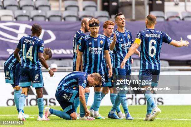 Curtis Edwards of Djurgardens IF and teammates celebrate scoring the 2-1 goal during the Allsvenskan match between Djurgardens IF and IFK Goteborg at...