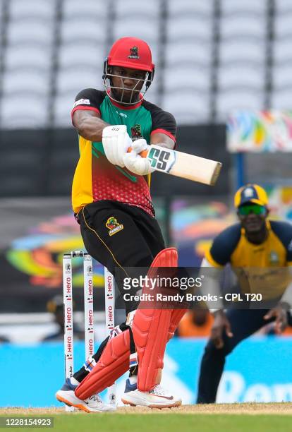 Evin Lewis of St Kitts & Nevis Patriots hits 4 during the Hero Caribbean Premier League match 7 between St Kitts & Nevis Patriots and St Lucia Zouks...