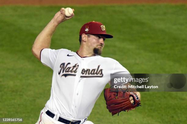 Making his major league debut, Wil Crowe of the Washington Nationals, pitches in the second inning during game two of a doubleheader baseball game...