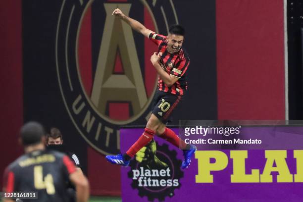 Gonzalo Martinez of Atlanta United celebrates scoring a goal during the second half of an MLS game against the Nashville SC at Mercedes-Benz Stadium...