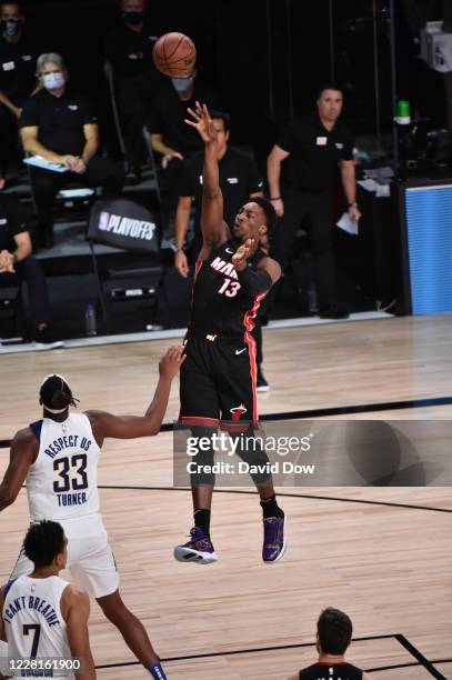 Bam Adebayo of the Miami Heat shoots in the game against the Indiana Pacers for Game three of the first round of the 2020 Playoffs as part of the NBA...