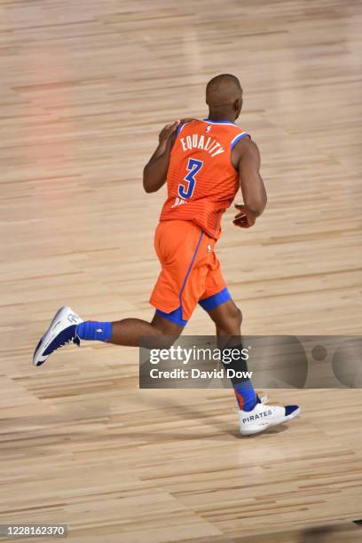 Chris Paul of the Oklahoma City Thunder drives against the Houston Rockets for Game three of the first round of the 2020 Playoffs as part of the NBA...